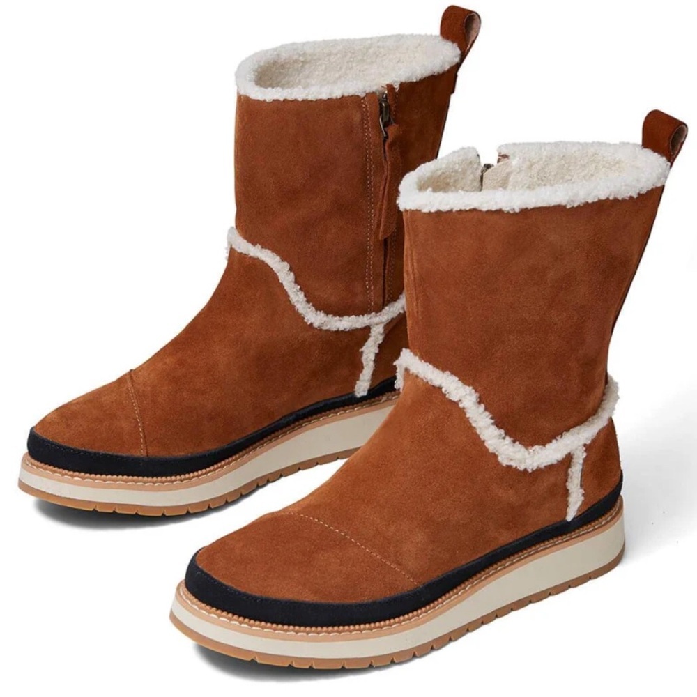 LIKE NEW Toms Brown Suede Winter Boots with Cream Accents